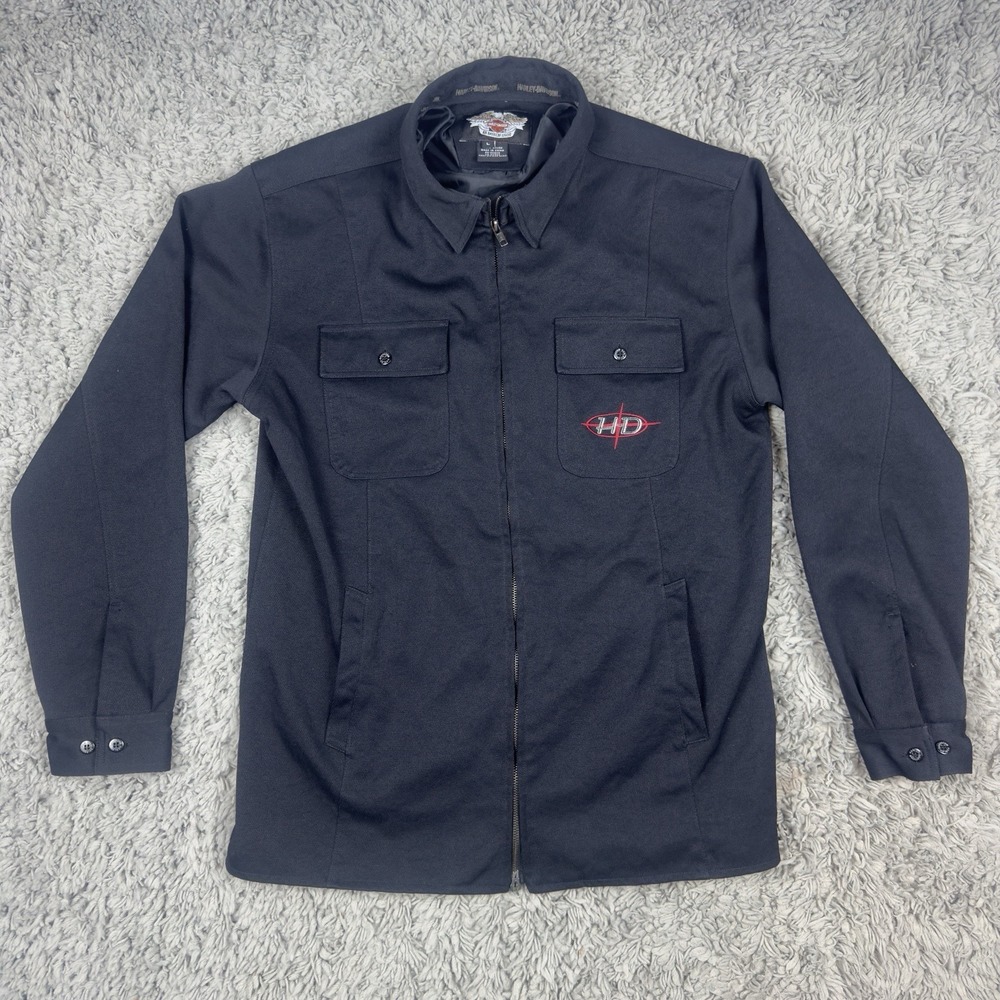 Y2K Harley Davidson An American Legend Denim Black Full Zip Jacket Mens Sz Large
